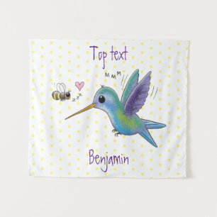 Cute bee hummingbird cartoon illustration  tapestry