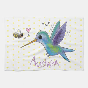Cute bee hummingbird cartoon illustration tea towel