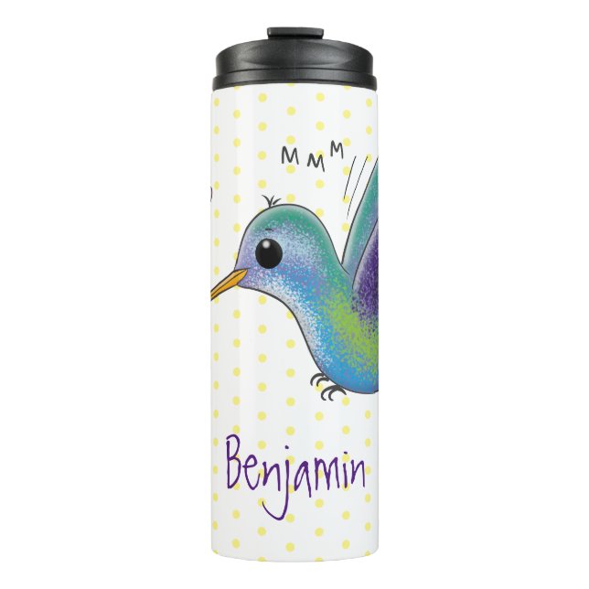 Cute bee hummingbird cartoon illustration thermal tumbler (Front)