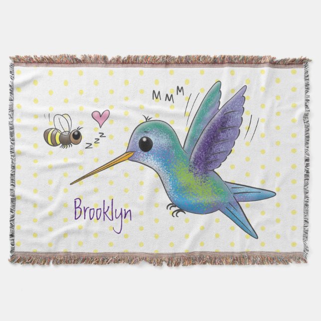 Cute bee hummingbird cartoon illustration throw blanket (Front)