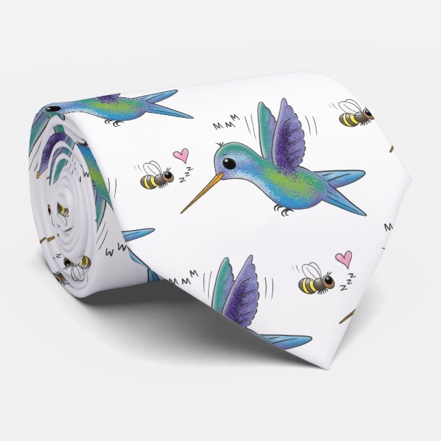 Cute bee hummingbird cartoon illustration tie (Rolled)