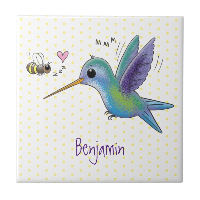 Cute bee hummingbird cartoon illustration tile (Front)