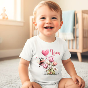 Cute Bee Love Heart Balloon Spring Flowers Baby Bodysuit