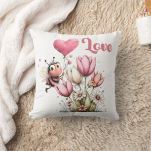 Cute Bee Love Heart Balloon Spring Flowers Cushion