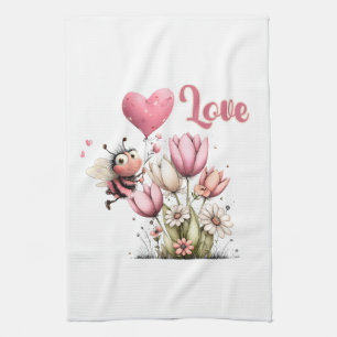 Cute Bee Love Heart Balloon Spring Flowers Tea Towel