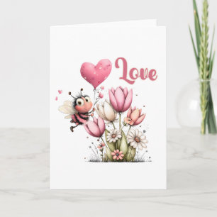 Cute Bee Love Heart & Floral Holiday Card