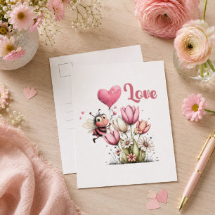 Cute Bee Love Heart & Floral  Holiday Postcard