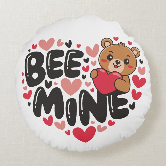 Cute Bee Mine Teddy Bear Valentine's Day Round Cushion (Back)