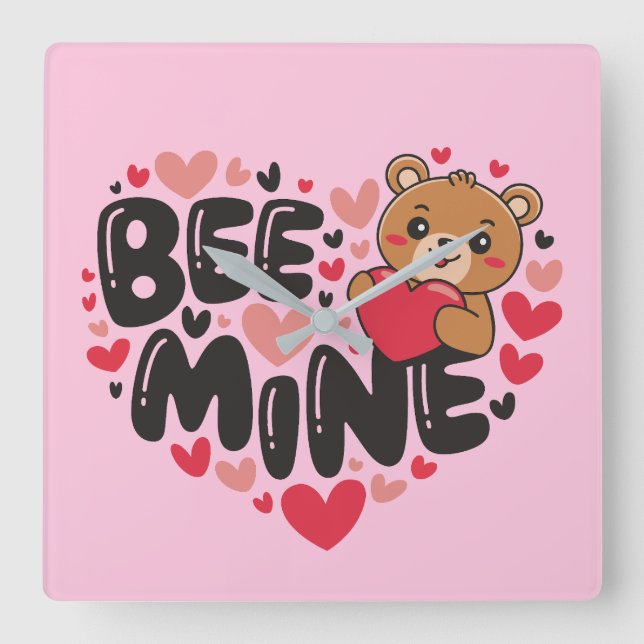 Cute Bee Mine Teddy Bear Valentine's Day Square Wall Clock (Front)