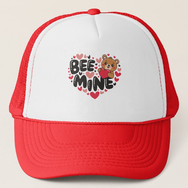 Cute Bee Mine Teddy Bear Valentine's Day Trucker Hat (Front)