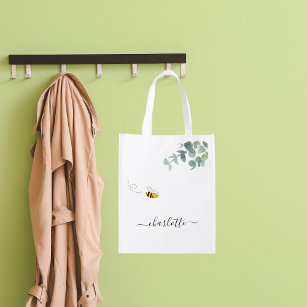 Cute bee monogram eucalyptus greenery white reusable grocery bag