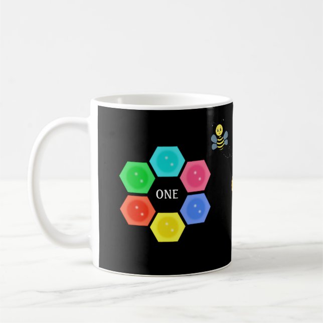 Cute Bee & Multicolored Honeycomb on Black Coffee Mug (Left)