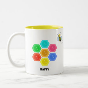 Cute Bee & Multicolored Honeycomb on Black Two-Tone Coffee Mug