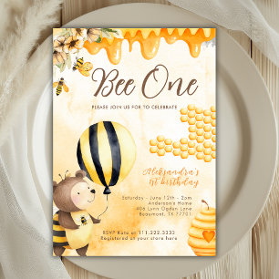 Cute Bee One First Honey Bear Yellow 1st Birthday  Invitation
