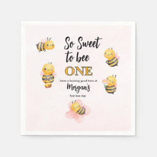 Cute Bee One Pink Black First Birthday Party Napkin