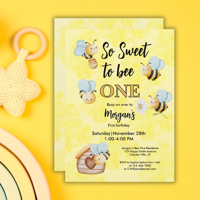Cute Bee One Yellow Black First Birthday Party Invitation (Creator Uploaded)