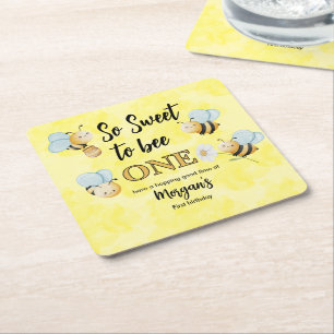 Cute Bee One Yellow Black First Birthday Party Square Paper Coaster
