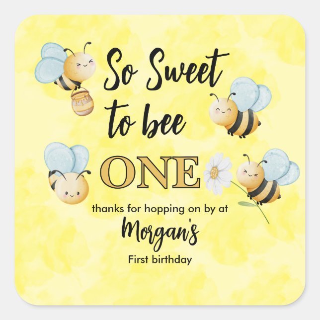 Cute Bee One Yellow Black First Birthday Party Square Sticker (Front)