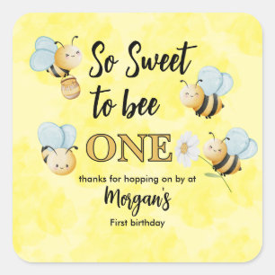 Cute Bee One Yellow Black First Birthday Party Square Sticker