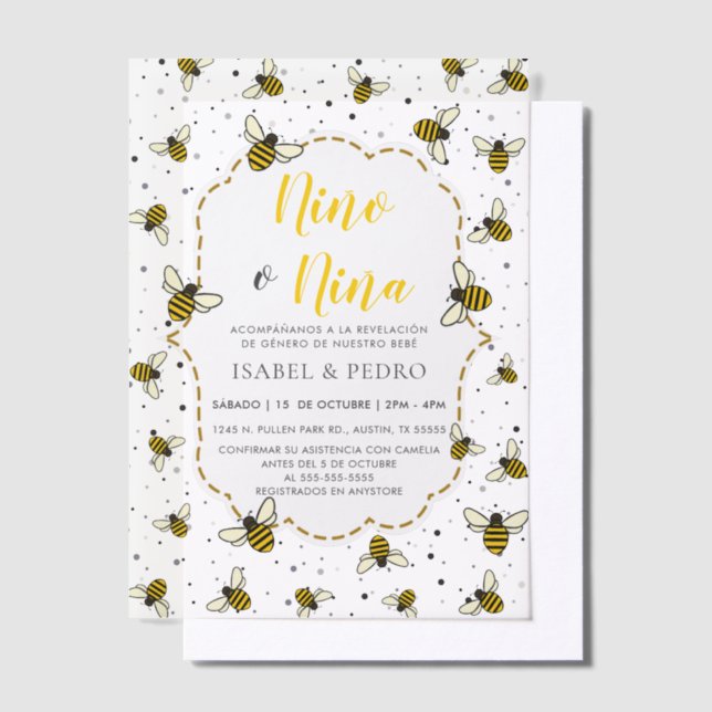 Cute Bee Pattern Spanish Gender Reveal Vellum Invitations (Offset)