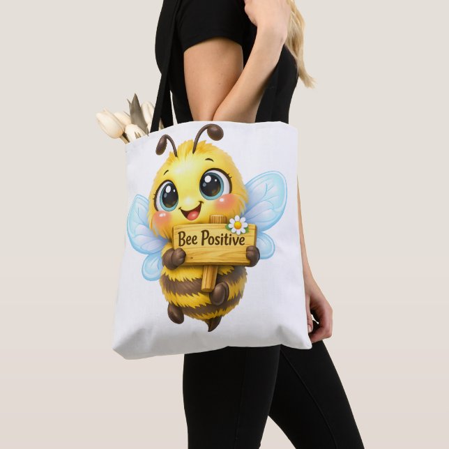 Cute Bee Positive Whimsical Cartoon Tote Bag (Close Up)