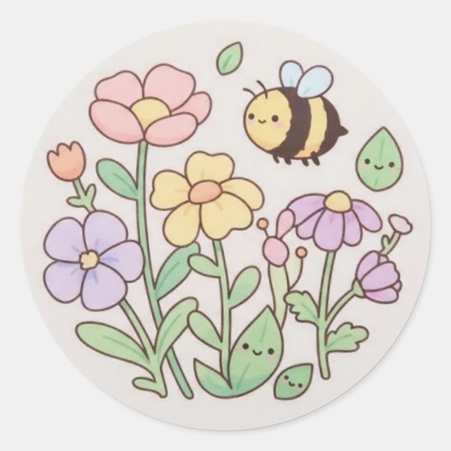 Cute Bee & Smiling Flowers Sticker - Pastel Floral (Front)