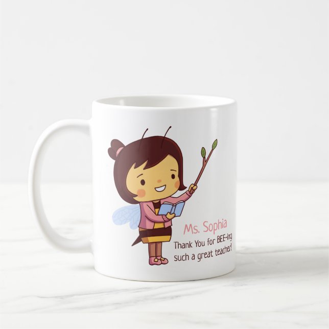 Cute Bee Teacher Thank You Personalised Coffee Mug (Left)