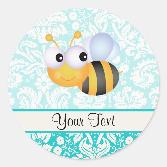 Cute Bee; Teal Damask Pattern Classic Round Sticker (Front)