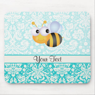 Cute Bee; Teal Damask Pattern Mouse Mat