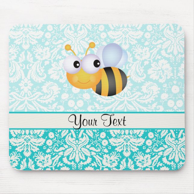 Cute Bee; Teal Damask Pattern Mouse Mat (Front)