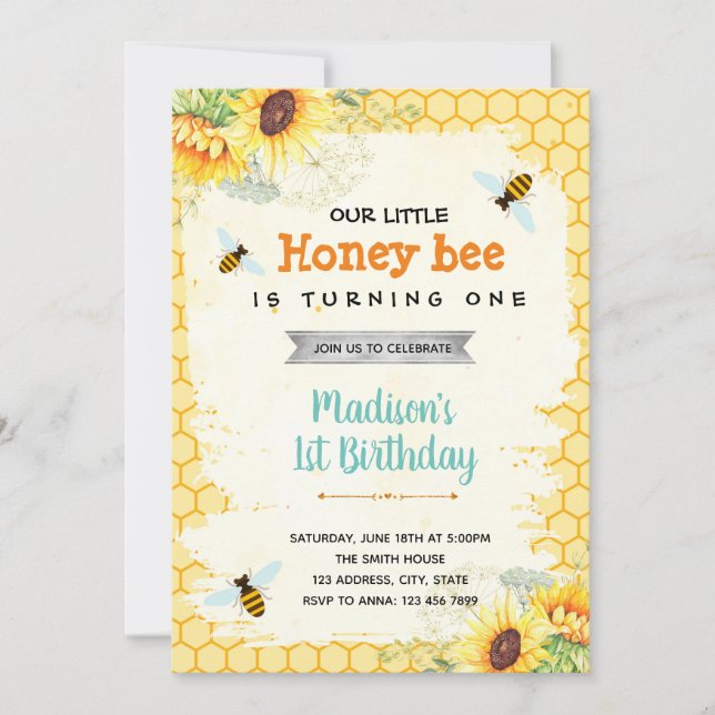 Cute bee theme birthday shower party invitation (Front)