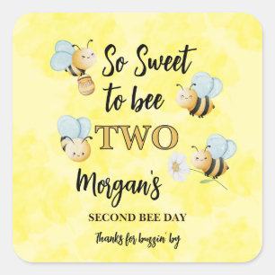Cute Bee Two Yellow Black Second Birthday Party Square Sticker