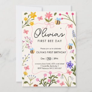 Cute Bee wildflowers First Birthday Invitation