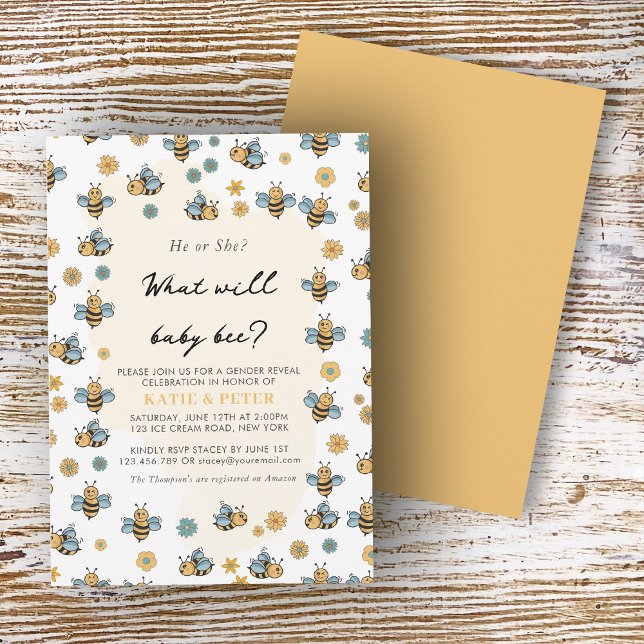 Cute Bee & Wildflowers Gender Reveal  Invitation (Cute Bee & Wildflowers Gender Reveal Invitation)