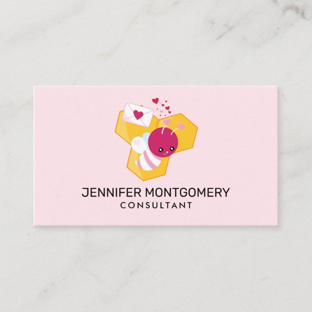 Cute Bee with Pink Valentine Hearts Business Card (Front)