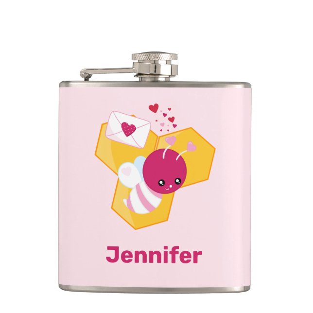 Cute Bee with Pink Valentine Hearts Hip Flask (Front)
