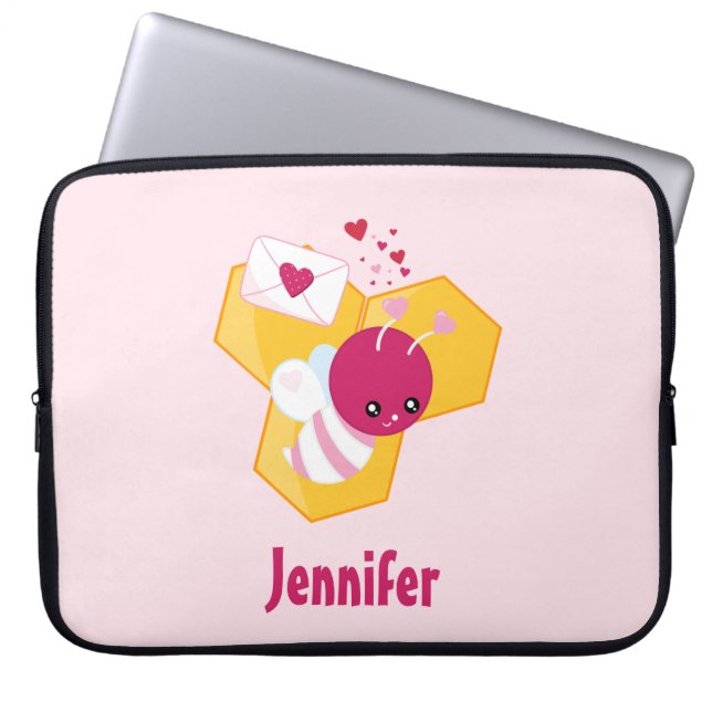 Cute Bee with Pink Valentine Hearts Laptop Sleeve (Front)