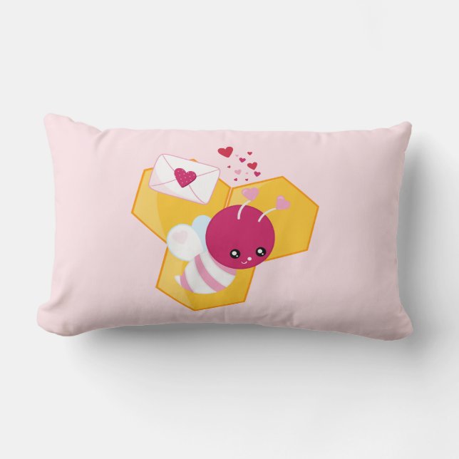 Cute Bee with Pink Valentine Hearts Lumbar Cushion (Front)