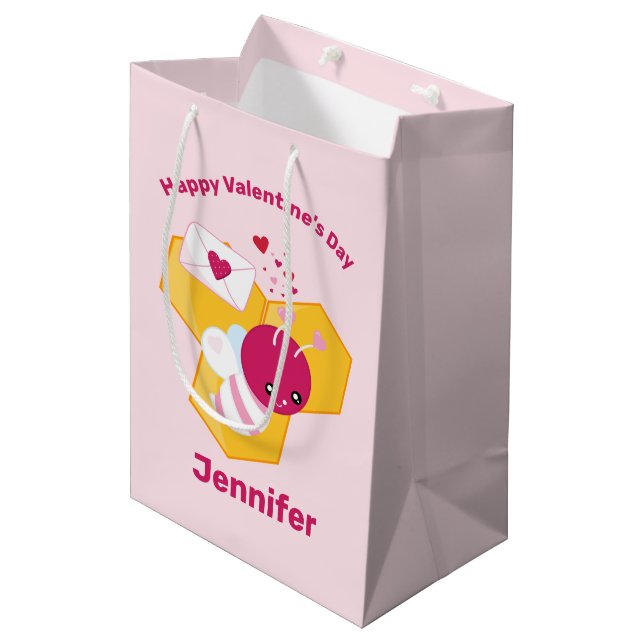 Cute Bee with Pink Valentine Hearts Medium Gift Bag (Front Angled)