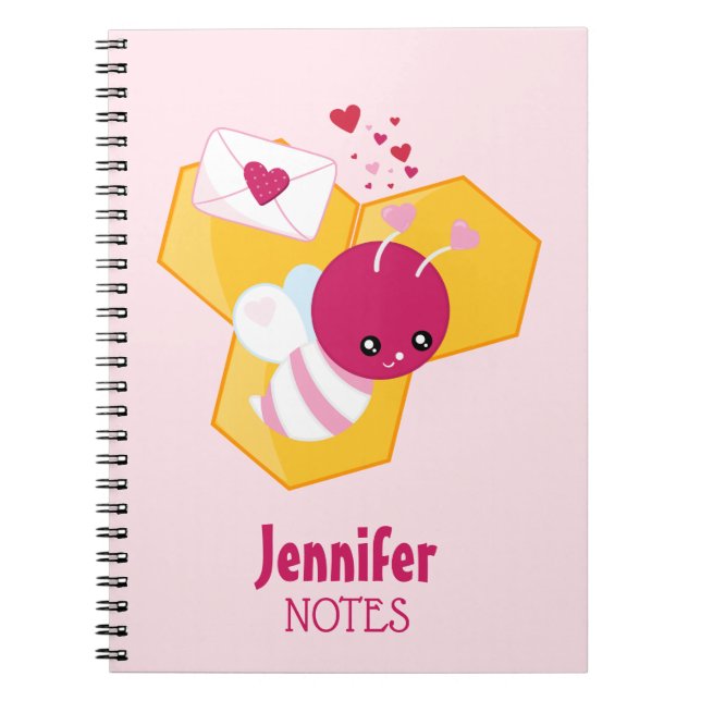 Cute Bee with Pink Valentine Hearts Notebook (Front)
