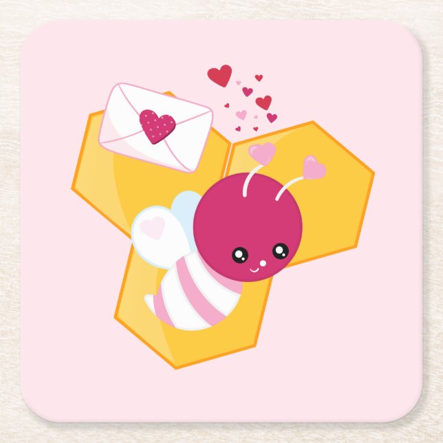 Cute Bee with Pink Valentine Hearts Square Paper Coaster (Front)