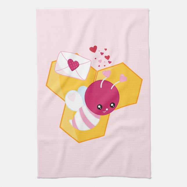 Cute Bee with Pink Valentine Hearts Tea Towel (Vertical)