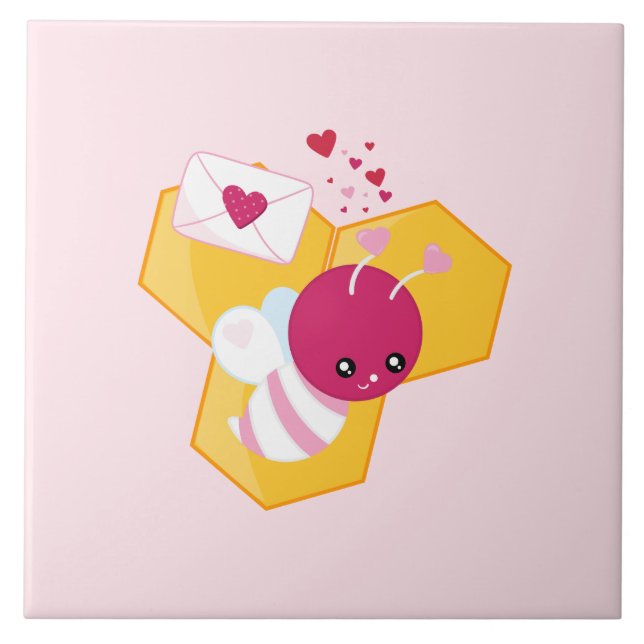Cute Bee with Pink Valentine Hearts Tile (Front)