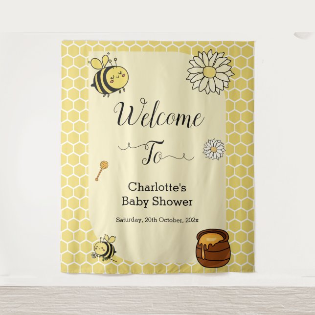 Cute Bee with Sweet Honey Baby Shower Backdrop Tapestry (Front)