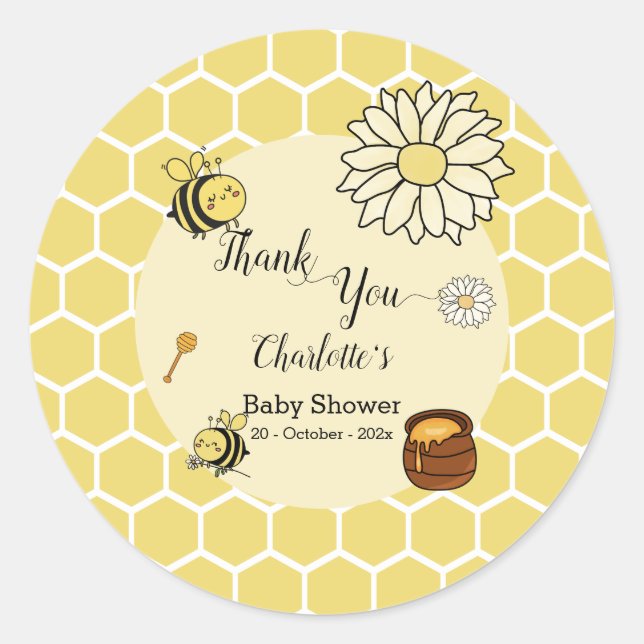 Cute Bee with Sweet Honey Baby Shower Classic Round Sticker (Front)