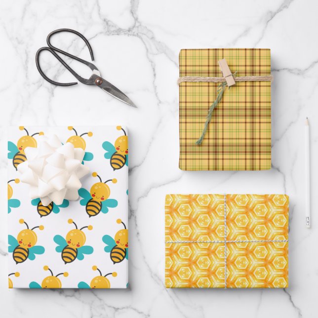 Cute Bee Yellow Plaid Honeycomb Wrapping Paper Set (Front)
