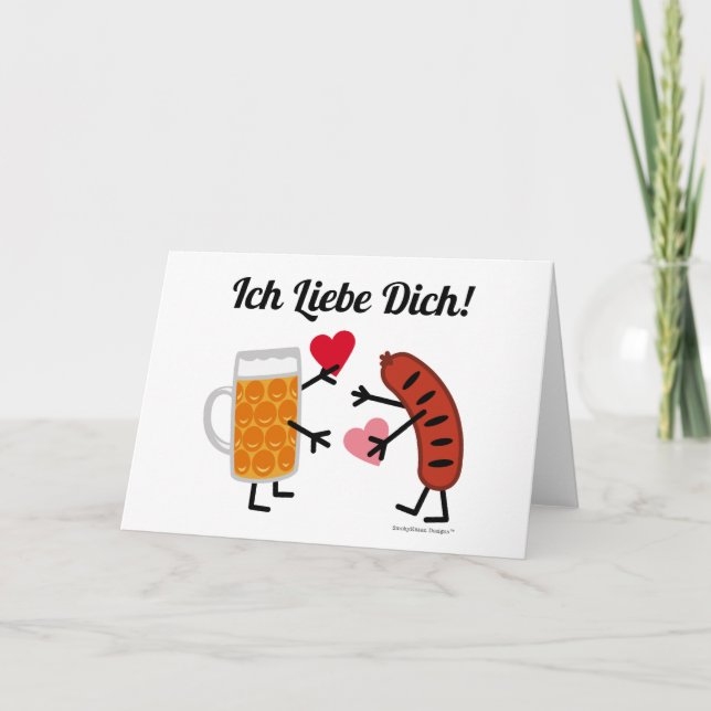 Cute Beer & Bratwurst Ich Liebe Dich! (I Love You) Holiday Card (Front)