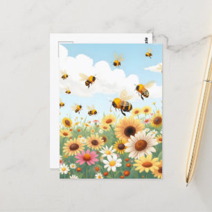 Cute bees and flowers illustration postcard