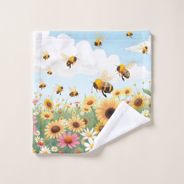 Cute bees and flowers illustration wash cloth (Wash Cloth)