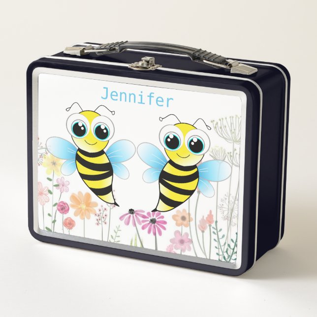 Cute Bee's and Flowers Monogrammed Lunch Box (Front)